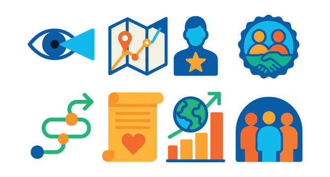 Flat vector icons of future-focused social impact: future vision beam, long-term strategy map, next-gen leader icon, intergenerational collaboration badge, sustainability timeline icon, impact legacy