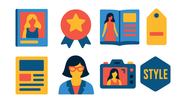 Flat vector icons of fashion magazines and publishing: magazine cover icon, editor’s choice badge, fashion spread layout, headline tag, article preview symbol, style editor icon, behind-the-scenes