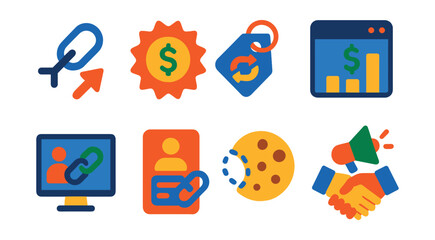Flat vector icons of affiliate and partner marketing: affiliate link icon, commission badge, referral program tag, payout tracker, partner dashboard icon, influencer link card, tracking cookie icon,
