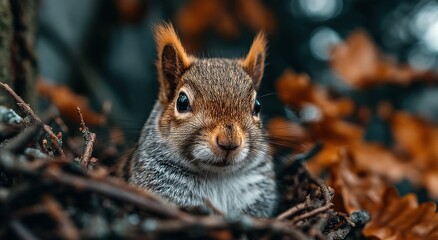 Fototapeta premium Close-Up Portrait of a Squirrel Surrounded by Autumn Leaves, Symbolizing Wildlife Protection and Environmental Awareness in Nature Photography : Generative AI