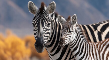 Fototapeta premium Zebra Mother and Foal Together in the African Savanna, Representing Family Values and Wildlife Conservation Efforts : Generative AI