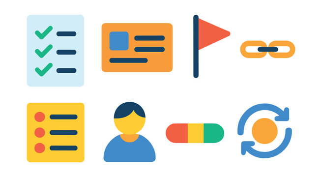 Flat vector icons of project tasks and workflow: checklist icon, task card, task priority flag, task dependencies link, subtask list, task assignment avatar, task status indicator, recurring task