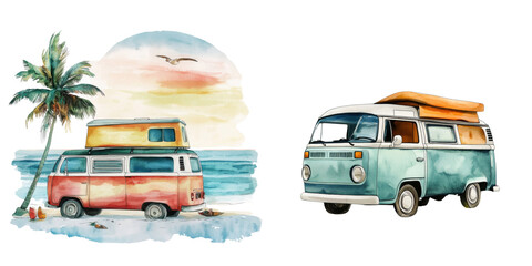 watercolor illustration of a retro camper van at the beach isolated transparent background