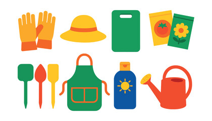 Flat vector icons of gardening gloves and accessories: leather gloves, sun hat, kneeling pad, seed packets, plant markers, garden apron, sunblock, watering can.
