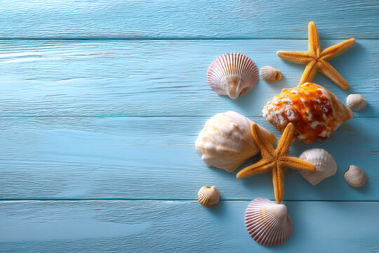Sea shells and starfish arranged artistically on textured blue wooden surface. Natural lighting enhances coastal aesthetics. Concept of beach decor, summer themes, interior design