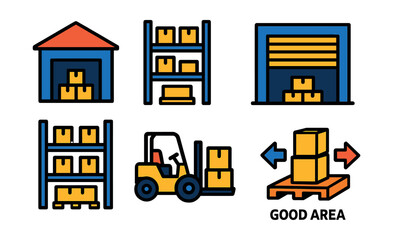 Flat vector icons of warehouses and storage: warehouse building, inventory shelf, pallet stack, warehouse gate, storage system, forklift icon, stock area, goods in/out.