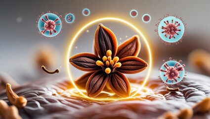 Hyper-detailed close-up of a vibrant clove bud, rich in texture and oils. A glowing aura surrounds it as symbolic bacteria, fungi, and viruses dissolve, illustrating its potent natural healing power.