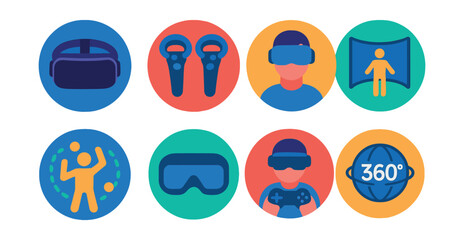 Flat vector icons of VR and immersive tech: VR headset, hand controllers, virtual avatar, immersive room, motion tracking, headset vision icon, VR gaming icon, 360 degree bubble.