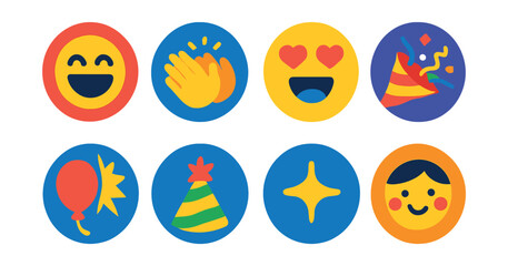 Flat vector icons of fun and enjoyment: laughing face, clapping hands, fun emoji, celebration icon, balloon burst, party hat, joy spark, happy viewer icon.
