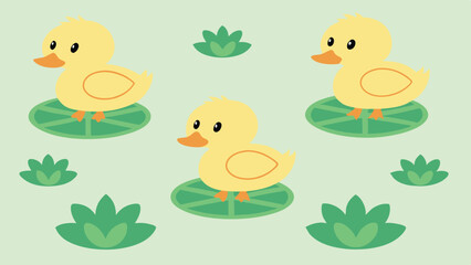 Fototapeta premium Cute cartoon ducks floating on lily pads with green aquatic plants and water theme
