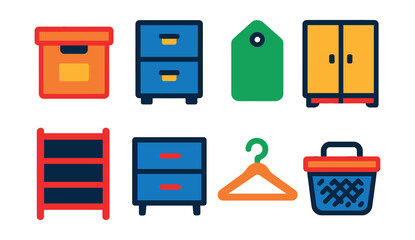 Flat vector icons of home organization: storage box, filing cabinet, label tag, closet, shelf, drawer, hanger, basket.