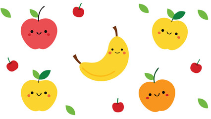 Fototapeta premium Cute cartoon fruits with smiling faces and leaves on a transparent background