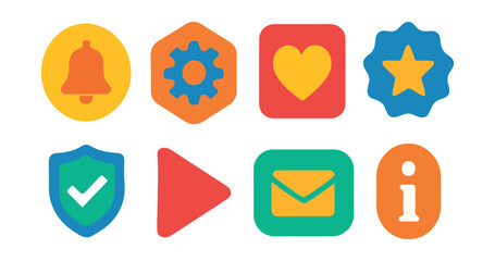 Flat vector icons of icons within shapes: bell in circle, gear in hexagon, heart in square, star in badge, checkmark in shield, play button in triangle, envelope in rounded rectangle, info &ldquo;i&rdquo; in