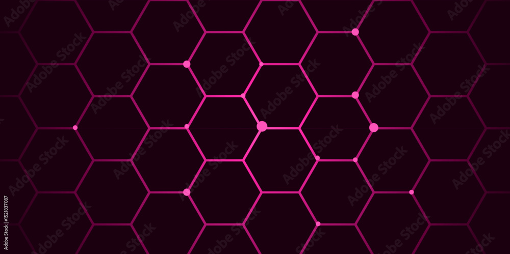 Poster abstract futuristic hexagon network background with glowing purple grid on dark technology theme.