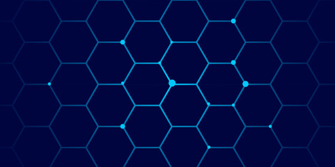 Abstract Futuristic Hexagon Network Background with Glowing Blue Grid on Dark Technology Theme.