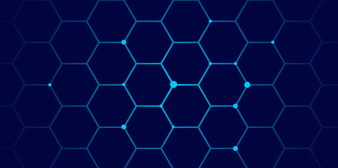 Abstract Futuristic Hexagon Network Background with Glowing Blue Grid on Dark Technology Theme.