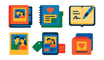 Flat vector icons of wedding memories and keepsakes: photo album, memory box, wedding scrapbook, guestbook signature, couple polaroid, digital gallery, keepsake tag, thank you card.