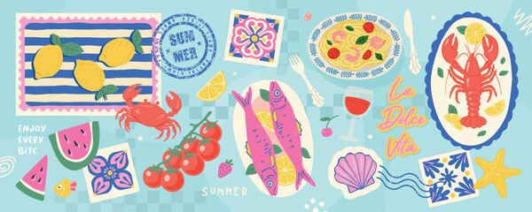 Colorful Italian summer food and travel elements collection featuring lobster, pasta, lemon, fish for Mediterranean holiday concept on blue checkered background vector illustration.