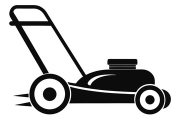 Simple Black Lawn Mower Illustration with Handle and Wheels Depicted in Profile View