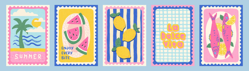 Hand drawn summer postcard set with palm tree, watermelon, lemons, sardines, and La Dolce Vita text in Mediterranean sketch style on pastel background for holiday decor and print concept, vector 