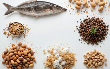 Obraz premium Fresh fish surrounded by various nuts, seeds, and grains creates healthy food composition