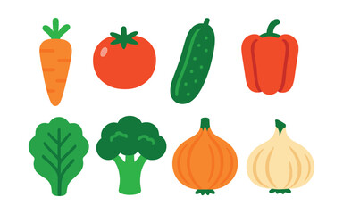 Flat vector icons of vegetables: carrot, tomato, cucumber, bell pepper, lettuce, broccoli, onion, garlic.