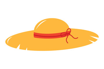 Vector illustration of a yellow straw hat with a red band. Simple and flat design style, perfect for summer, vacation, beach, or travel themed projects. Ideal for icons, stickers, posters