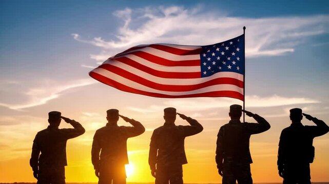 Silhouetted soldiers in military uniform salute the waving American flag at sunset against a blue and orange sky during patriotic ceremony.