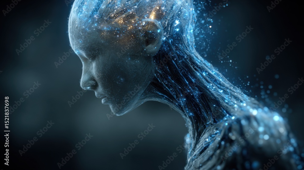 Poster Abstract Woman With Glowing Particles, Representing Artificial Intelligence and Technological Innovation in Healthcare and Scientific Discovery : Generative AI