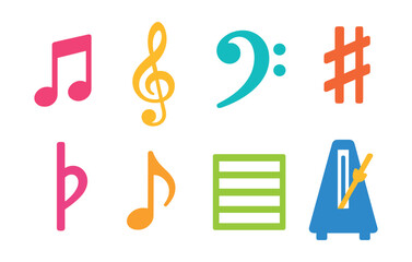 Flat vector icons of musical notation: music note, treble clef, bass clef, sharp, flat, rest symbol, staff, metronome.