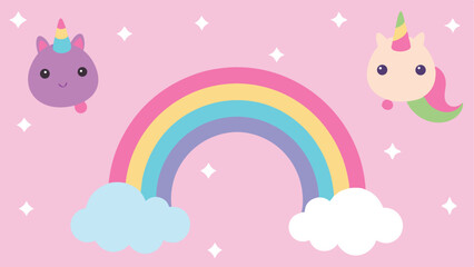 Cute cartoon unicorns rainbow and stars graphic illustration in pastel colors on pink