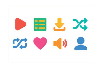 Flat vector icons of music streaming services: play button, playlist, download icon, shuffle, repeat, favorite, volume control, user profile.