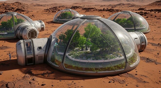 Domes with green plants on a red planet surface. Martian colony research station for space exploration base. Futuristic habitat architecture concept.