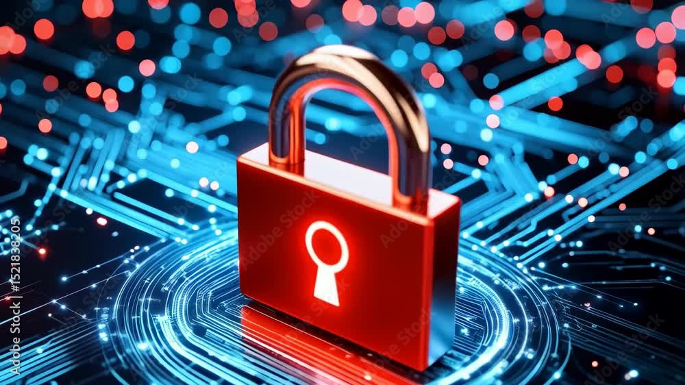 Aufkleber red padlock on digital circuit board background with abstract blue and red glowing network data