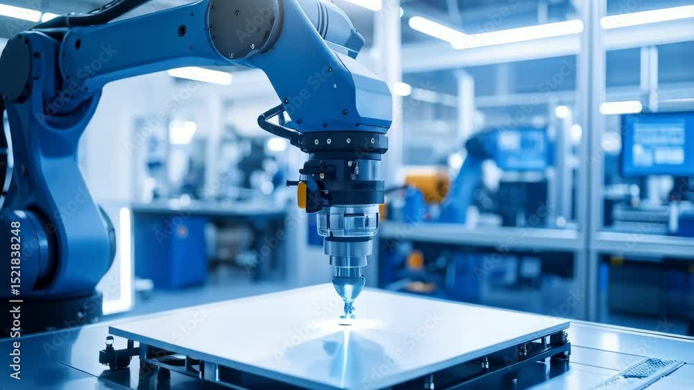 Poster automated robotic arm precisely engraving surface of white tile in clean industrial factory with oth