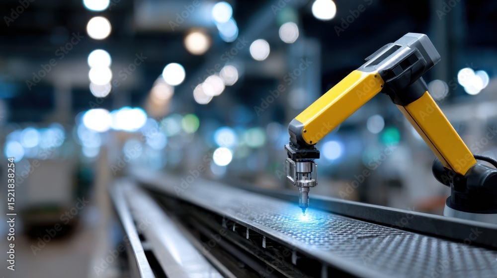Aufkleber Robotic Arm Welding on Conveyor Belt in Factory, Showcasing Automation and Technological Advancement in Manufacturing Processes : Generative AI