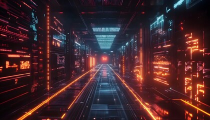 Obraz premium Neon glowing corridor with digital displays.