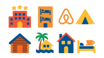 Flat vector icons of accommodation types: hotel, hostel, Airbnb, camping tent, cabin, resort, guesthouse, bed and breakfast.