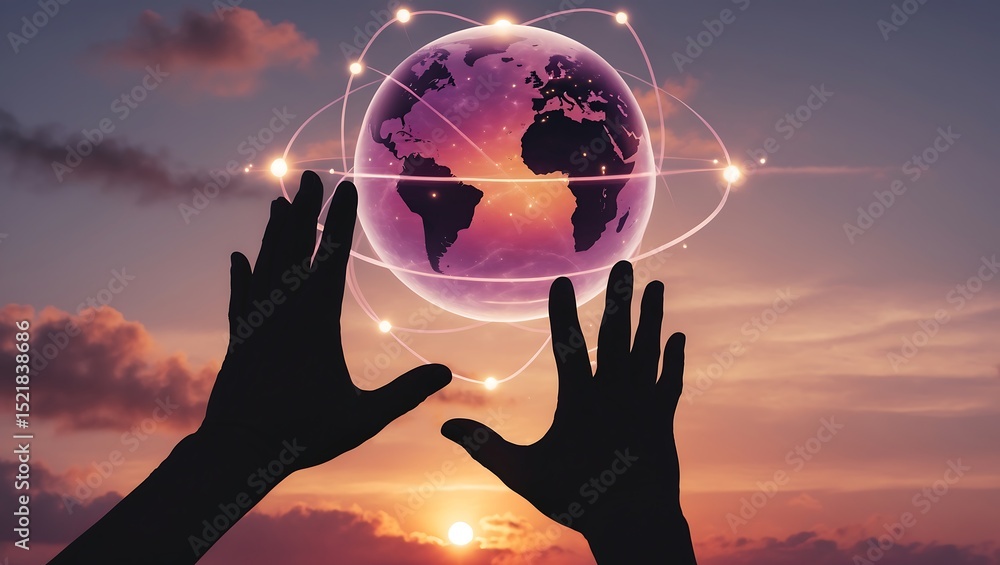 Poster reaching out to the world globe representing global connection and networking