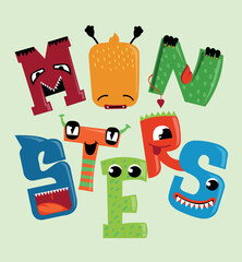 Colorful monsters alphabet illustration. Unique cartoon monster character. Fun design for kids, posters, Vector illustration