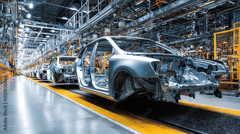 Poster car production line showcasing bare chassis in a modern factory setting. metal frames advance throug
