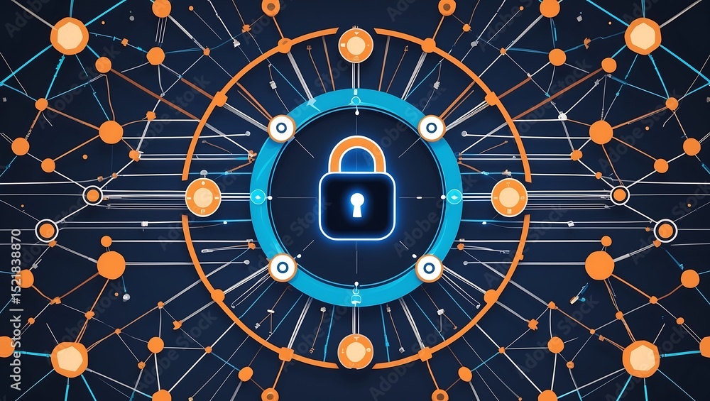 Aufkleber cyber security and data protection concept with interconnected digital network and padlock