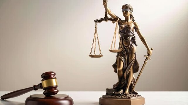 Statue of Justice with scales and sword, alongside gavel symbol of law, legal concept in bronze metallic tones.