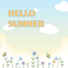 Hello Summer Background with Flowers and Clouds. Cute summer background with pastel sky, fluffy clouds, and hand-drawn wildflowers. Ideal for cards, banners, and seasonal designs.
