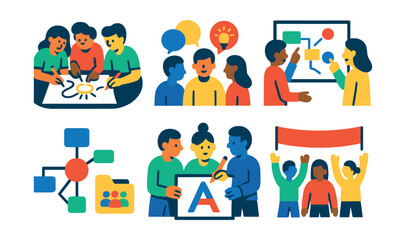 Fototapeta premium Flat vector icons of collaborative creativity: group sketching, team brainstorming, shared whiteboard, art critique session, concept map, group project folder, team logo, creative jam event.