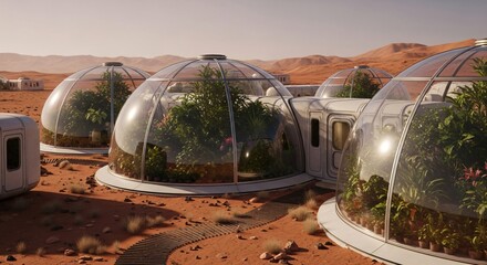 Domes with green plants on a red planet surface. Martian colony research station for space exploration base. Futuristic habitat architecture concept.