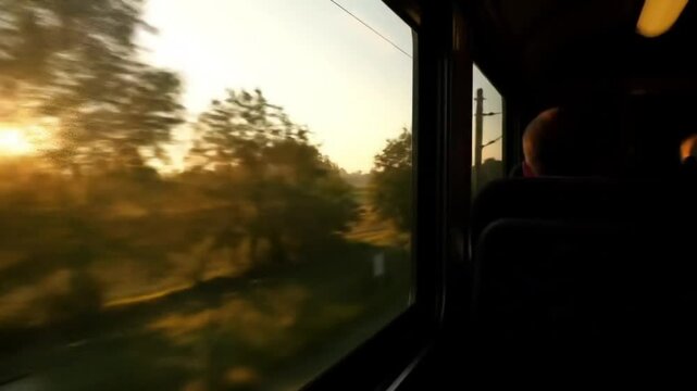 Sunset view through train window with trees and landscape in motion