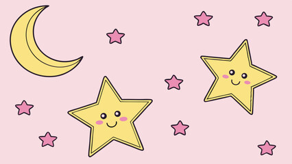 Cute smiling stars and moon illustration on pink background with transparency