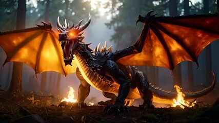 A menacing black dragon stands in a forest, its amber wings spread wide, glowing eyes pierce through the shadows, a fantasy creature with horns and scales - Powered by Adobe