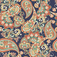 Turkish Cucumber Paisley seamless vector pattern in traditional Oriental style. Decorated with flowers, leaves, and fantasy elements, for fabric, textile and wallpaper covers